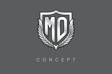 MO Creative Initial Letter Logo with Shield and Laurel Wreath Silver Metallic Branding Emblem on Gray Background.