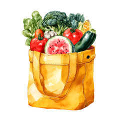 Watercolor illustration featuring a reusable bag overflowing with fresh produce and fruits