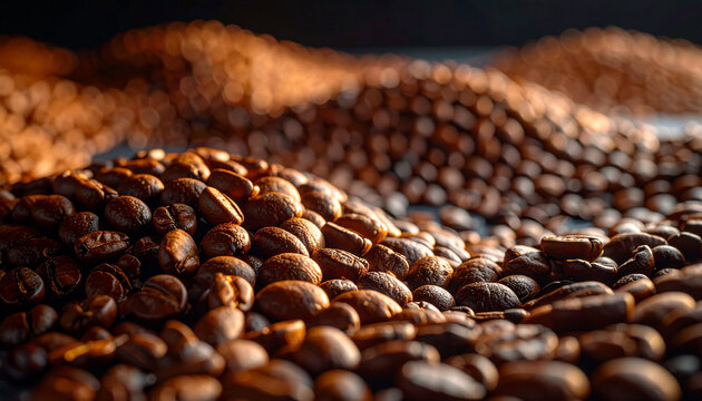 High-quality coffee beans showcasing rich brown textures with dramatic backlighting and bokeh effect - luxury coffee plantation and artisan roastery advertising photography