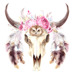 Boho Chic Bull Skull Adorned with Floral Accents and an Owl Motif Design