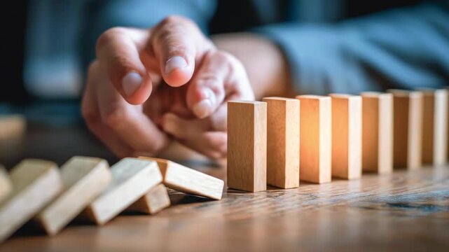 Hand poised to topple dominoes on a wooden surface, illustrating the concept of cause and effect