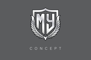 MY Creative Initial Letter Logo with Shield and Laurel Wreath Silver Metallic Branding Emblem on Gray Background.