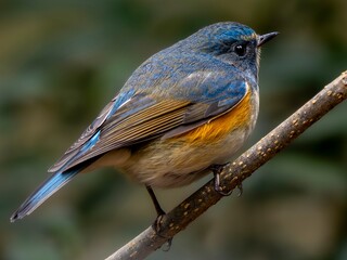 森の深い藪の中で周りを見渡しているルリビタキの雄のクローズアップ