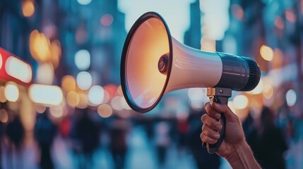 A hand holding a megaphone in a crowded city street at night.