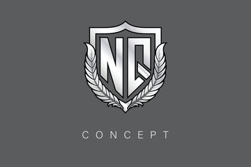 NQ Creative Initial Letter Logo with Shield and Laurel Wreath Silver Metallic Branding Emblem on Gray Background.