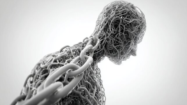 Human figure entangled in chains and wires