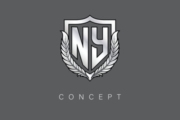 NY Creative Initial Letter Logo with Shield and Laurel Wreath Silver Metallic Branding Emblem on Gray Background.
