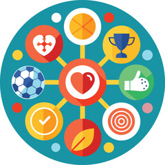 Circular diagram illustrating a holistic approach to well being with icons representing health sports achievement social connection goals nature and success