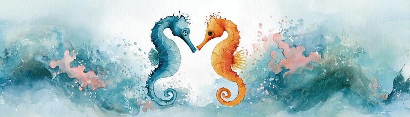Fototapeta premium Two colorful seahorses share a tender moment against a vibrant watercolor ocean backdrop, symbolizing love and connection in marine life.