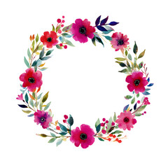 Elegant watercolor floral wreath with vibrant pink and red flowers on black background