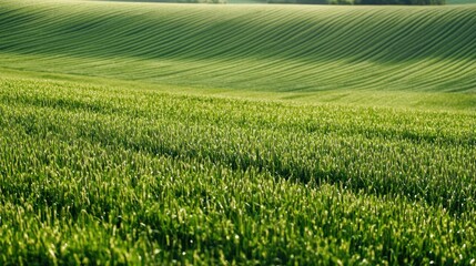 A lush green field with a pattern of parallel lines, possibly representing a field of crops or a natural landscape.