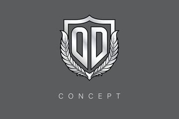 O Creative Initial Letter Logo with Shield and Laurel Wreath Silver Metallic Branding Emblem on Gray Background.
