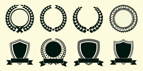 Collection of laurel wreaths and shields with ribbons for awards and recognition