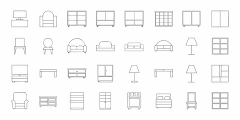 Collection of simple line art icons representing various furniture pieces for home decor and interior design