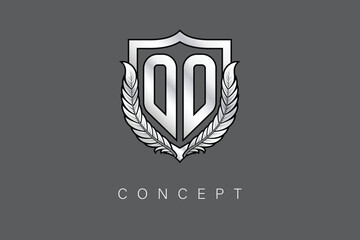 OO Creative Initial Letter Logo with Shield and Laurel Wreath Silver Metallic Branding Emblem on Gray Background.