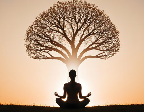 Visualize the impact of self-reflection and mindfulness on mental health. a person sitting in meditation, with an abstract tree extending from their head. Each leaf represents a mindful thought.
- Powered by Adobe