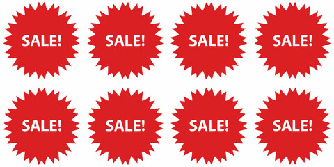 Eight red starburst sale stickers with white text saying sale