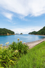 南国の海と小島を望む青空と海岸の風景（宮崎県日南市）