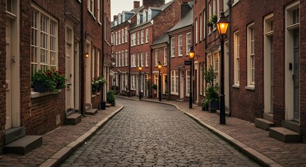 Fototapeta premium Historic neighborhood with cobblestone streets, old architecture, charming alleys, and cultural heritage atmosphere, representing tradition, tourism, and timeless beauty.