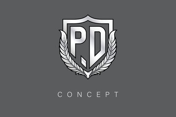 PD Creative Initial Letter Logo with Shield and Laurel Wreath Silver Metallic Branding Emblem on Gray Background.