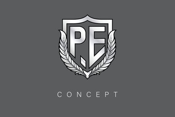 PE Creative Initial Letter Logo with Shield and Laurel Wreath Silver Metallic Branding Emblem on Gray Background.