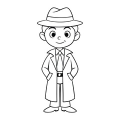 A cartoon-cute-detective coloring page featuring a playful sleuth with a magnifying glass, hat, and coat, ready to solve mysteries with charm and fun details to color.
