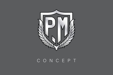 PM Creative Initial Letter Logo with Shield and Laurel Wreath Silver Metallic Branding Emblem on Gray Background.