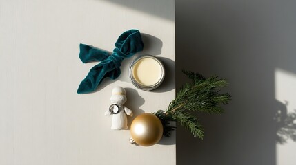 Minimalist Christmas Still Life with Vanilla Balm and Silver Ring on Wooden Table 