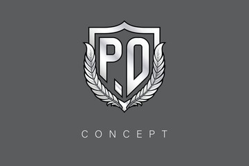 PO Creative Initial Letter Logo with Shield and Laurel Wreath Silver Metallic Branding Emblem on Gray Background.
