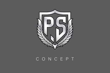 PS Creative Initial Letter Logo with Shield and Laurel Wreath Silver Metallic Branding Emblem on Gray Background.