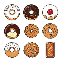 Doughnuts with vector, set, sweet, dessert, and food.