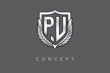 Obraz premium PU Creative Initial Letter Logo with Shield and Laurel Wreath Silver Metallic Branding Emblem on Gray Background.