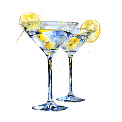 Elegant watercolor painting of martini cocktails with lemon slice decoration