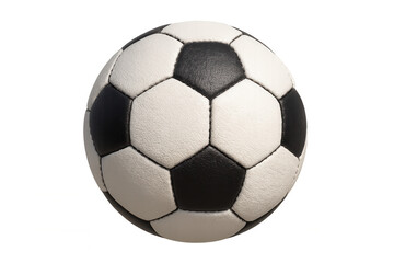 Fototapeta premium Traditional black and white soccer ball with a hexagonal pattern, isolated on a transparent background, highlighting its iconic design