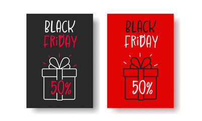 Black Friday Sale posters with discounts up to 50 percent. Cyber Monday, special offer. Linear illustration of gift, minimalist style. Vector illustration.