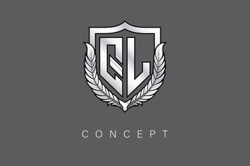 QL Creative Initial Letter Logo with Shield and Laurel Wreath Silver Metallic Branding Emblem on Gray Background.