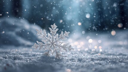 A beautiful Christmas landscape illustration featuring a snowy winter scene with a decorated Christmas tree and falling snowflakes under a starry night sky