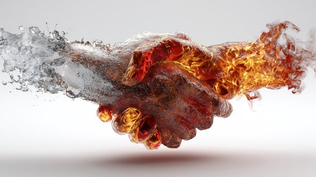 Fire and water handshake symbolizing unity