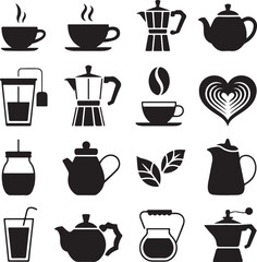 Assortment of black coffee and tea beverage icons on a white background vector illustration