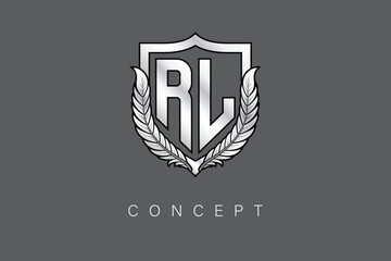 RL Creative Initial Letter Logo with Shield and Laurel Wreath Silver Metallic Branding Emblem on Gray Background.