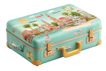 3d travel suitcase with destination stickers, open passport, and airplane ticket on transparent background