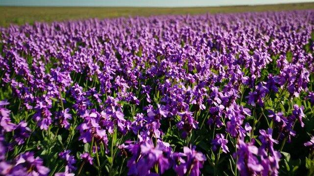 Wide-angle video captures a vast field of vibrant purple flowers under a clear blue sky, emphasizing nature's beauty and tranquility. Live desktop wallpaper.