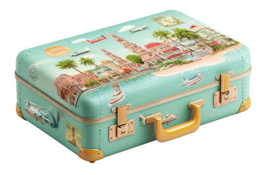 3d travel suitcase with destination stickers, open passport, and airplane ticket on transparent background