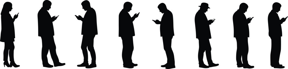 Silhouettes of diverse people standing and using smartphones, digital communication, social media interaction, technology addiction, modern lifestyle, mobile devices