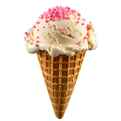 Vanilla Ice Cream Delight Isolated On White Background: A delectable scoop of vanilla ice cream, generously adorned with pink sprinkles, perches invitingly atop a crispy, golden waffle cone.