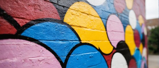 Fototapeta premium Vibrant CloseUp Mural of Colorful Shapes on Blurred Brick Wall Background Low Angle Shot with Depth