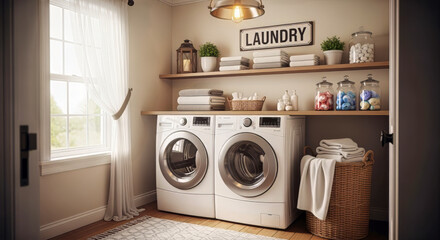 A bright laundry room with white washer and dryer set beneath a shelf with laundry themed decorations