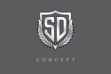 SD Creative Initial Letter Logo with Shield and Laurel Wreath Silver Metallic Branding Emblem on Gray Background.