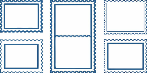 Collection of blue postage stamp frames with perforated edges on a white background