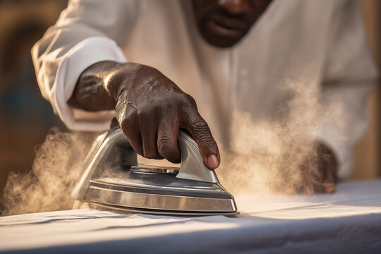Man ironing shirt with steam iron in warm home interior